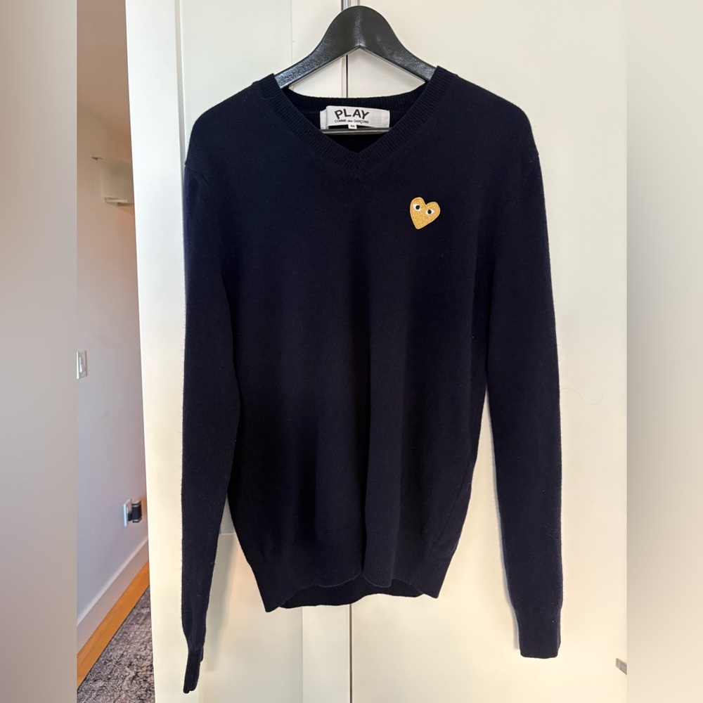 Comme des Garcons PLAY Navy V-Neck Sweater with Gold Heart - Men’s M - Unisex